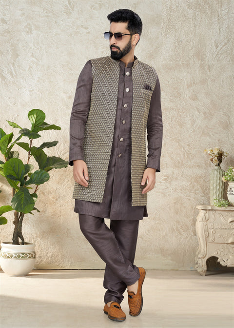Brown Mens Indowestern With Embroidered Work | Mens Kurta & Sets