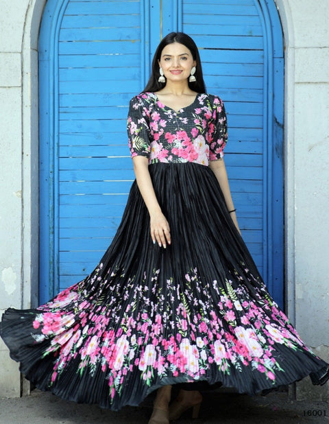 Black Floral Designer Party Wear Full Flared Long Gown | Designer Gown