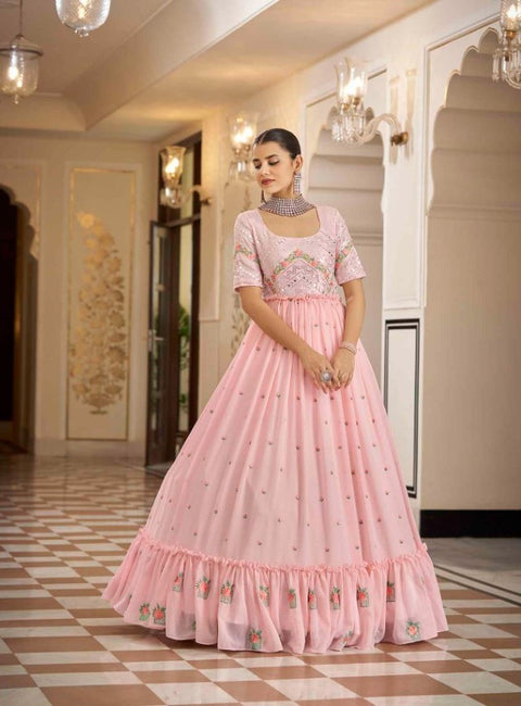 Semi-Stitched Stylish Pink Floral Embroidered Georgette Long Gown | Designer Gown