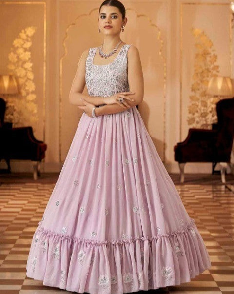 Semi-Stitched Stylish Dusty Pink Floral Embroidered Georgette Long Gown | Designer Gown