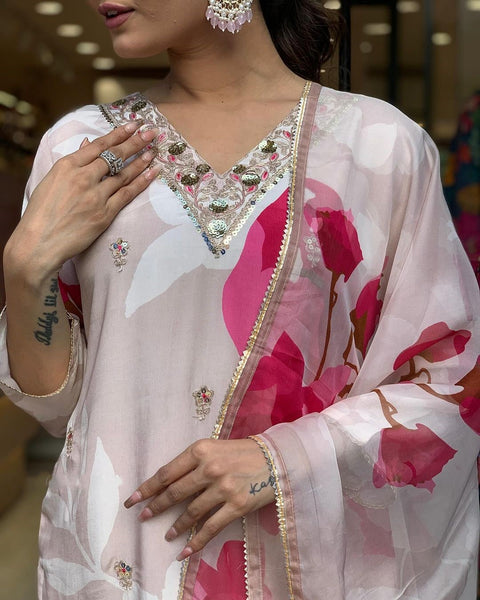 Womens Embroidered Crepe Kurti Pant With Organza Dupatta - Ethnicwear - Meghvi