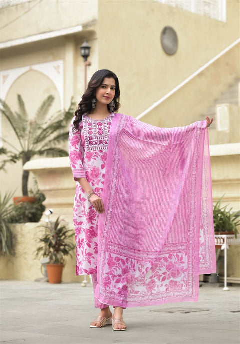 White and Pink Beautiful Daily Wear Kurta set with Dupatta and Bottom Wear - Ethnicwear - Meghvi