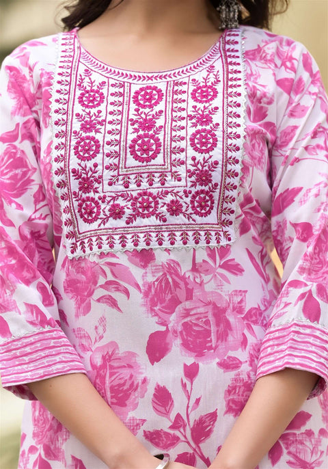 White and Pink Beautiful Daily Wear Kurta set with Dupatta and Bottom Wear - Ethnicwear - Meghvi