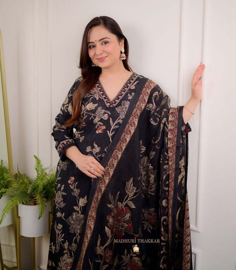Beautiful Designer Black Pure Cotton Full Stitched Kurti Pant with Dupatta - Ethnicwear - Meghvi
