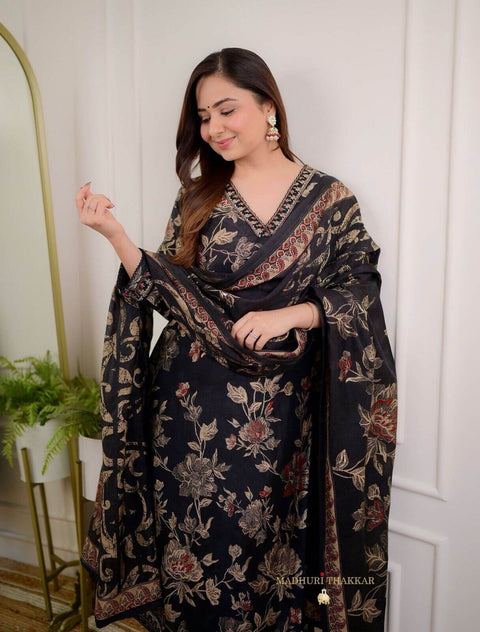 Beautiful Designer Black Pure Cotton Full Stitched Kurti Pant with Dupatta - Ethnicwear - Meghvi