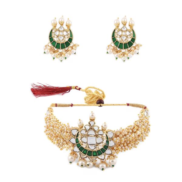 Green Meenakari Clustered Pearls Patta Kundan Choker Set