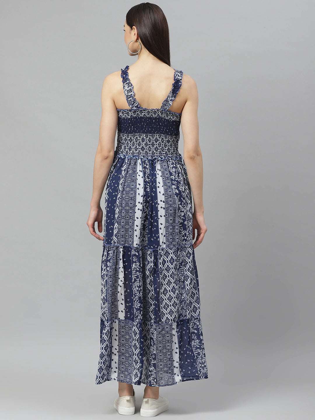Navy Blue and White Geometric Printed Maxi Tiered Dress