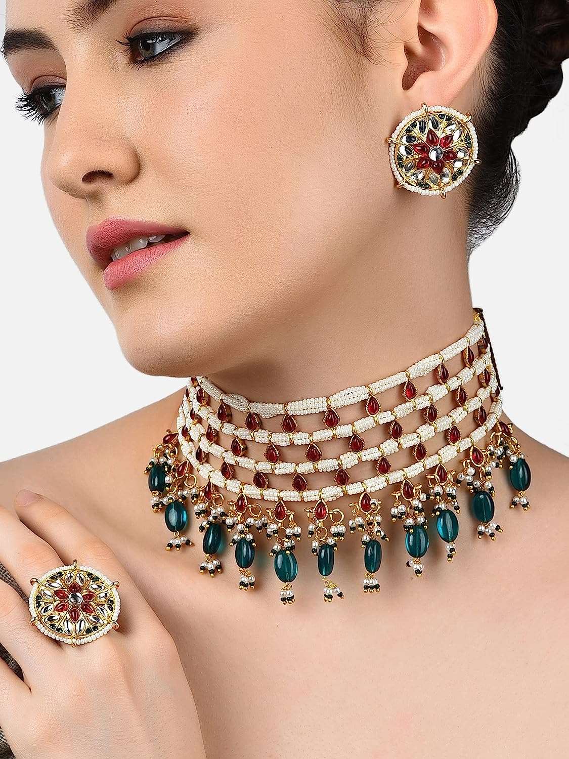 Pink Kundan & Green Beads Choker Necklace Earring & Ring Set For Women