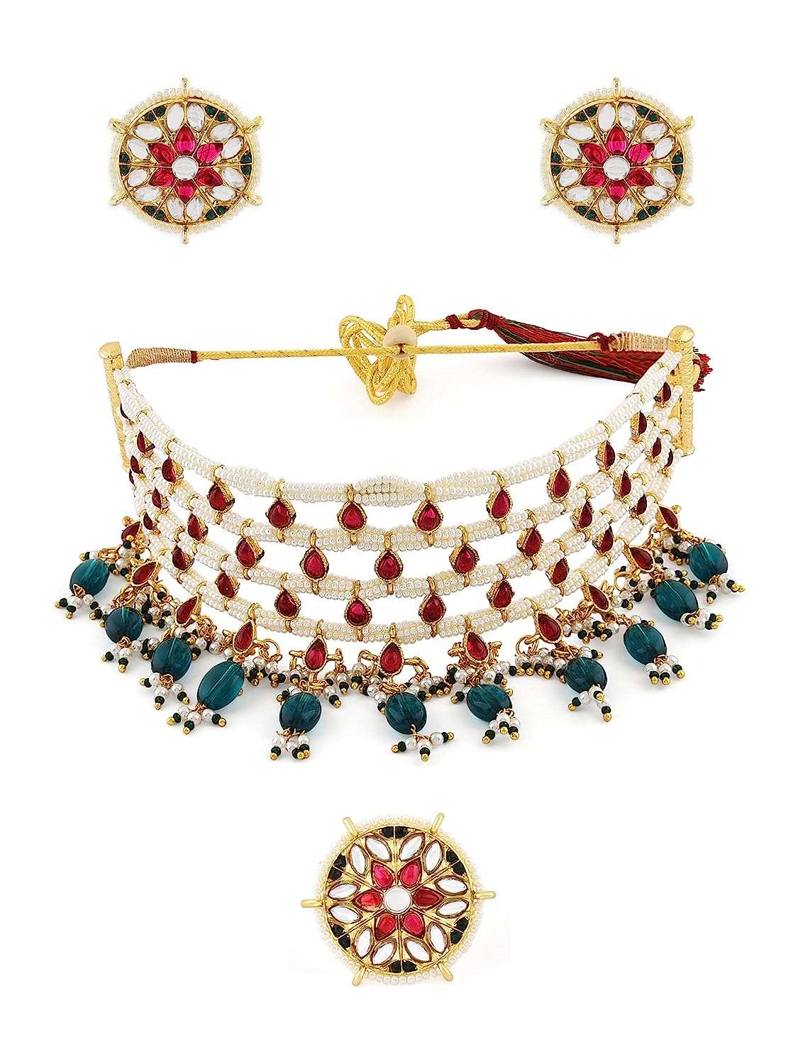Pink Kundan & Green Beads Choker Necklace Earring & Ring Set For Women
