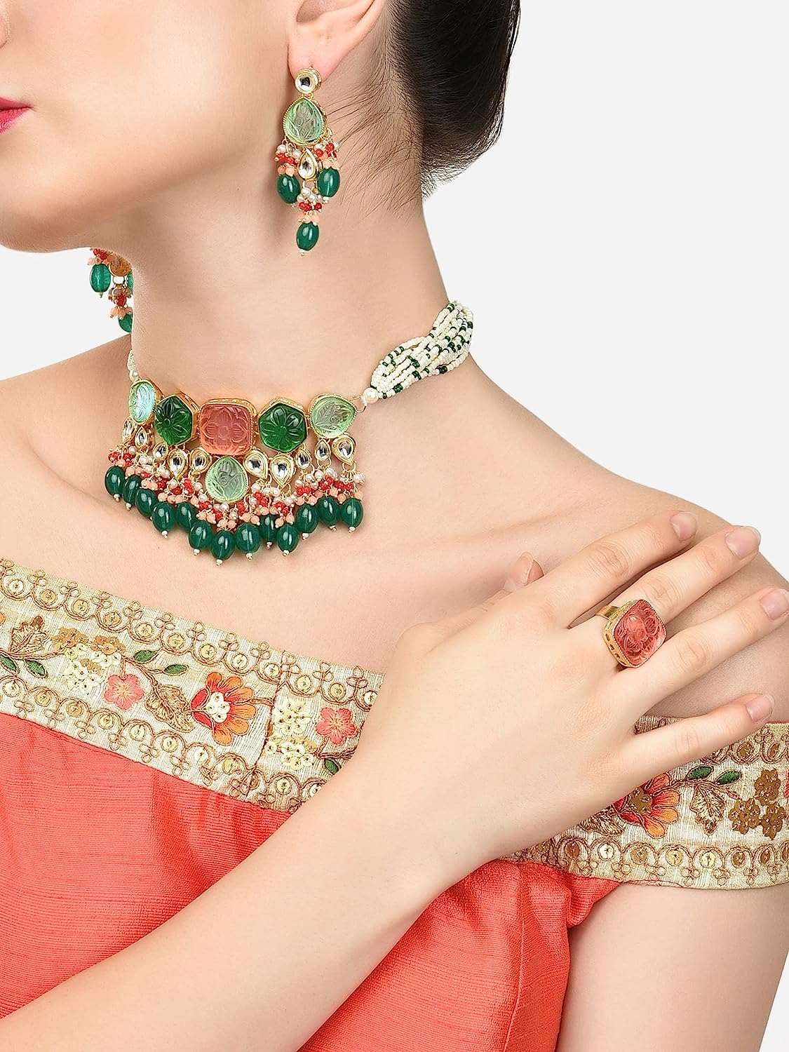 Multicolor Stones & Beads Multistrand Beaded Kundan Choker Necklace Earring & Ring Set For Women