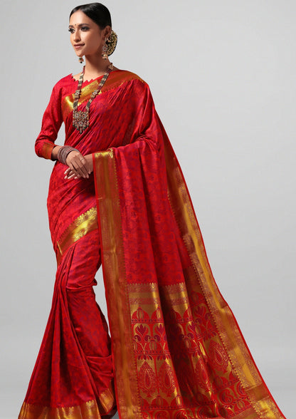 Red Silk Cotton Woven Design Saree With Blouse Piece