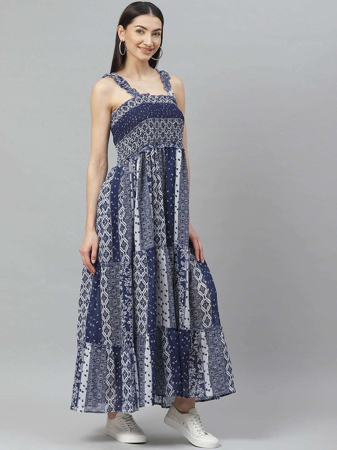 Navy Blue and White Geometric Printed Maxi Tiered Dress