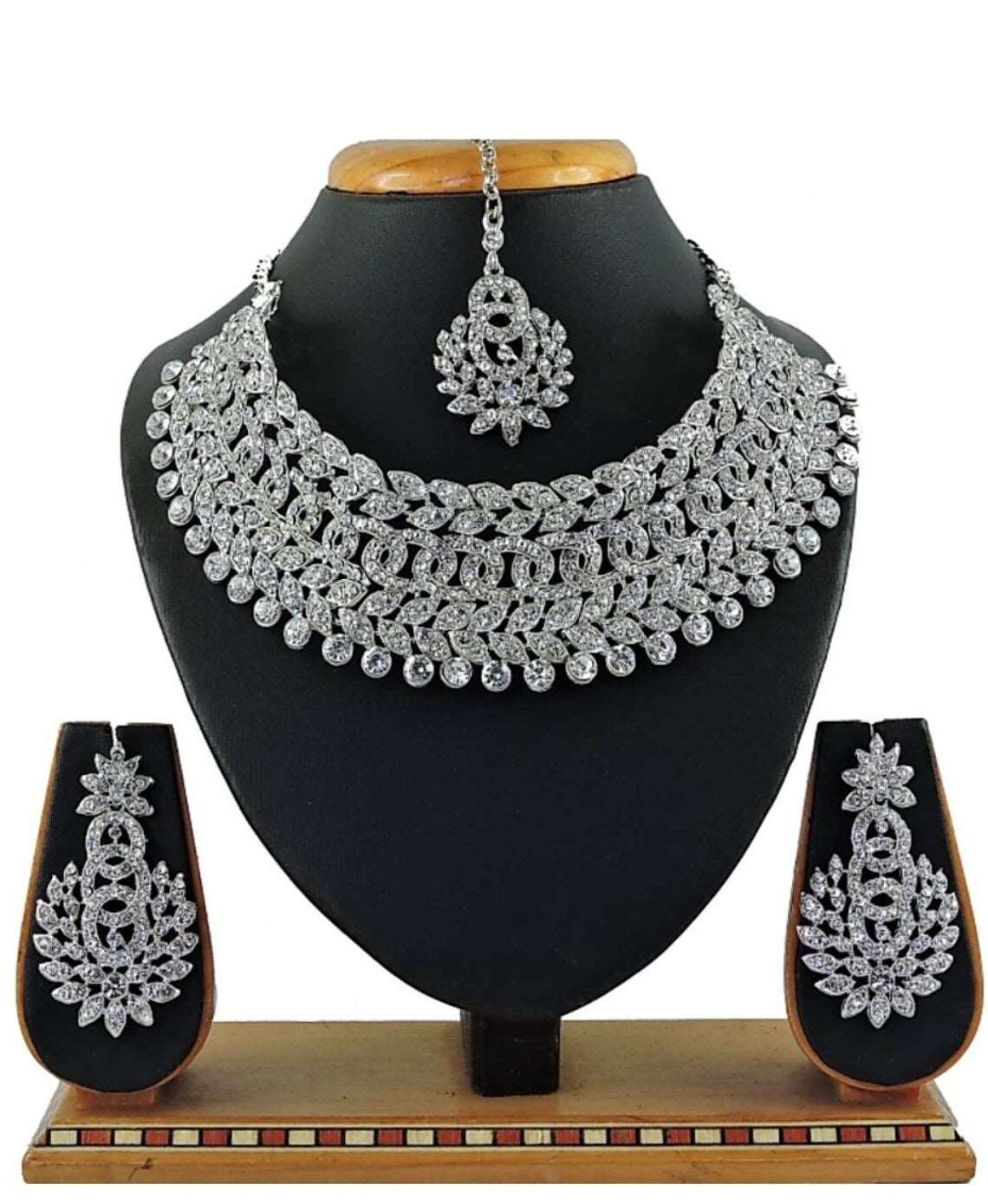 Silver Plated Diamond Necklace Earrings Party Wear Choker Jewelry Set