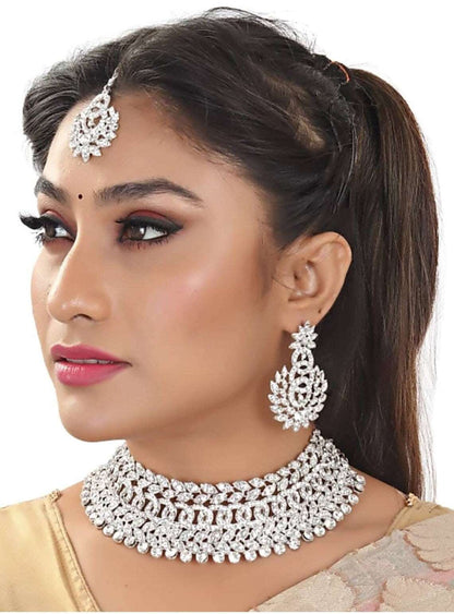 Silver Plated Diamond Necklace Earrings Party Wear Choker Jewelry Set