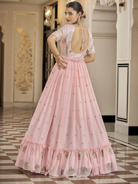 Semi-Stitched Stylish Pink Floral Embroidered Georgette Long Gown | Designer Gown