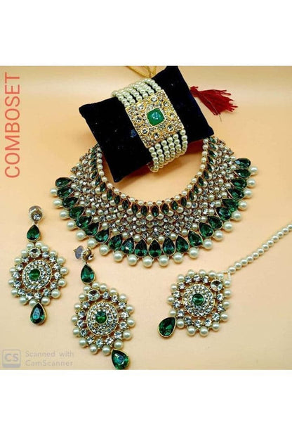 Pearl Crystal Kundan Choker Necklace Set With Bracelet Green