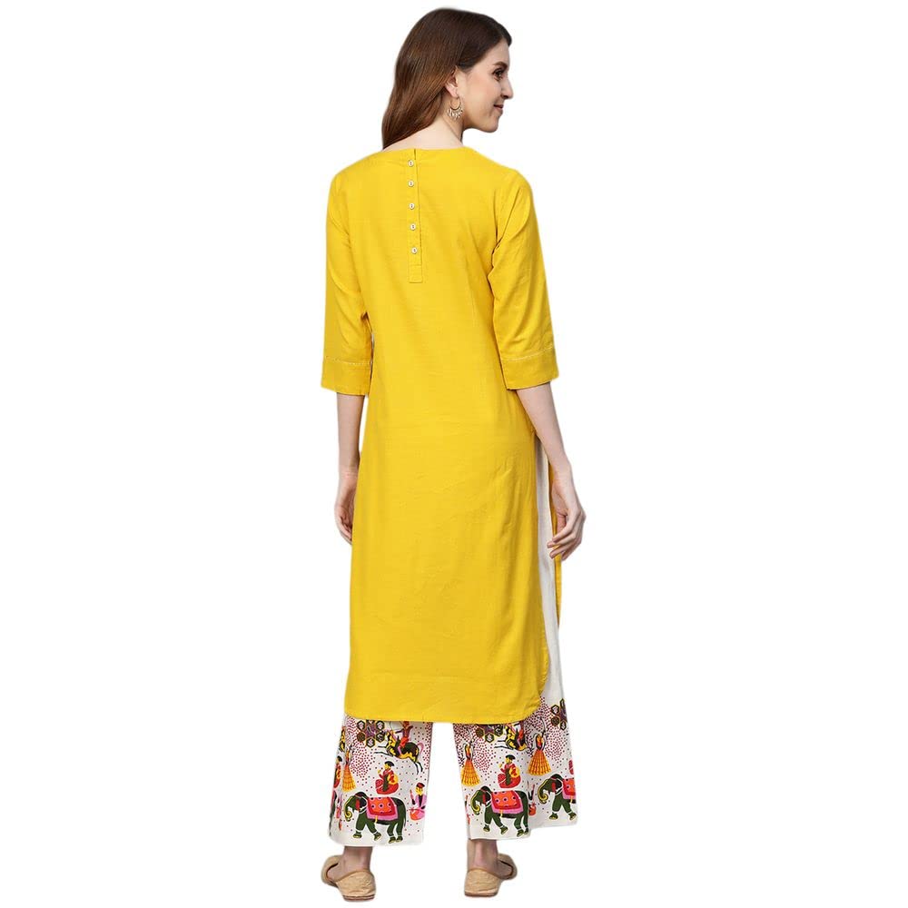 Women's Cotton Mustard Yellow Thread Work Ethnic Motifs Yoke Design Straight Kurta Suit Set with Palazzo