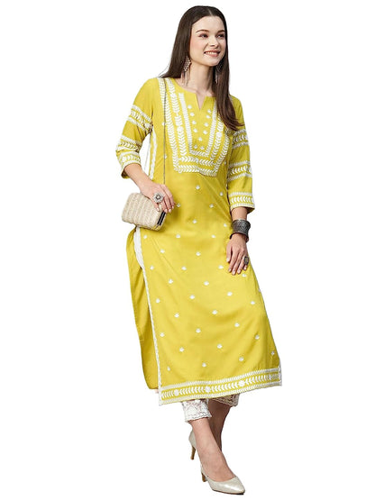 Women's Cotton Blend Embroidered Straight Kurta 4XL Yellow