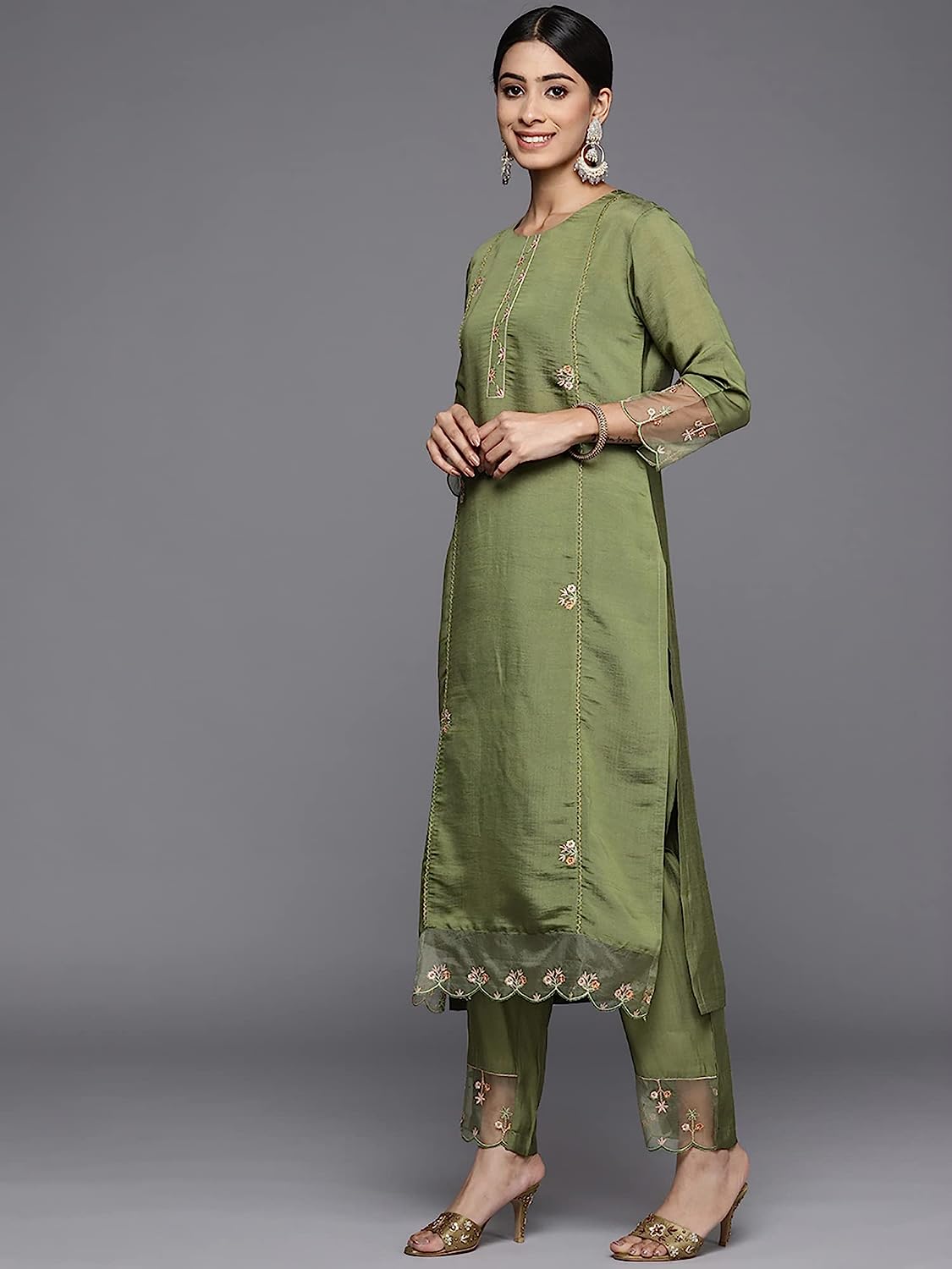 Green Embroidered Straight Ladies Kurta Trousers With Dupatta Set