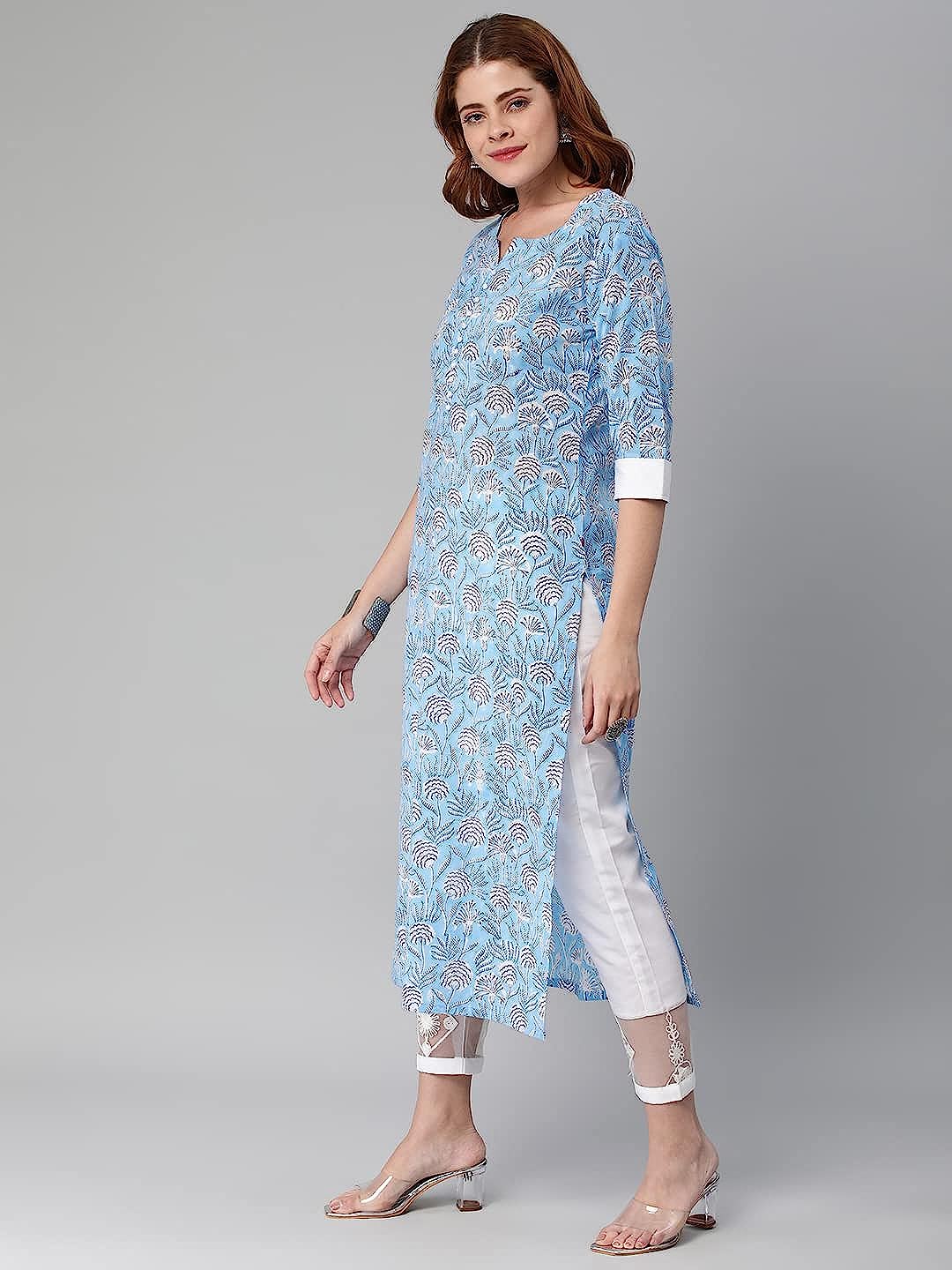 Cotton Blend Traditional Straight Printed Ladies Kurta with Pant Set