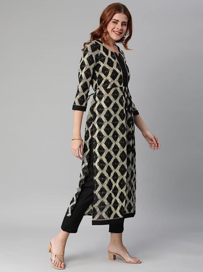 Cotton Blend Chex Printed Straight Ladies Kurta with Pant