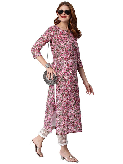 Cotton Blend Traditional Straight Printed Ladies Kurta with Pant Set