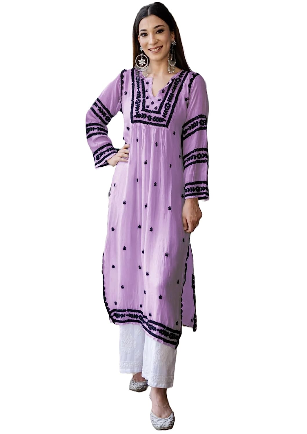 Women's Cotton Blend Embroidered Straight Kurta 2XL Purple