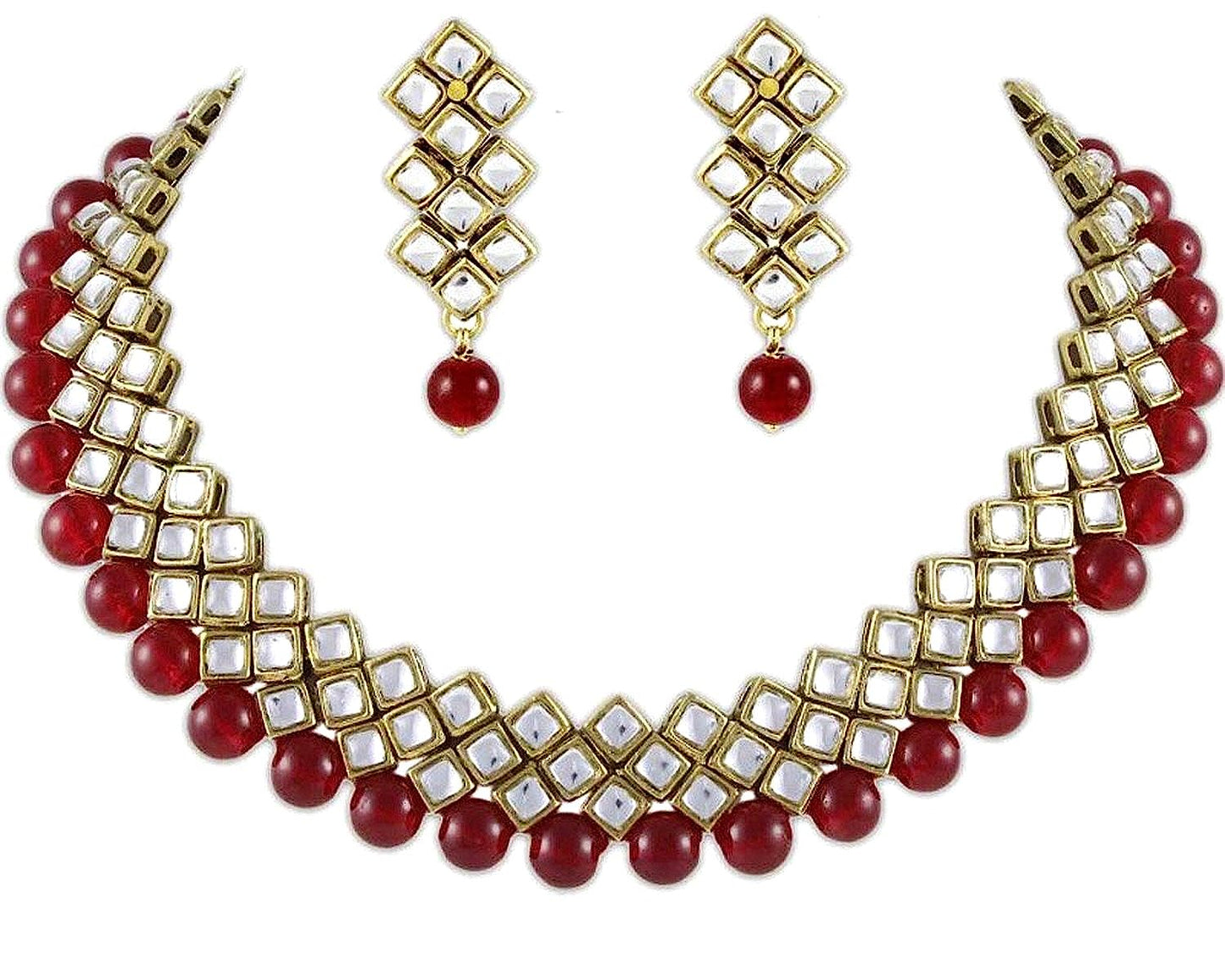 Fashion Pearl Kundan Choker Necklace Set With Earrings For Women Red