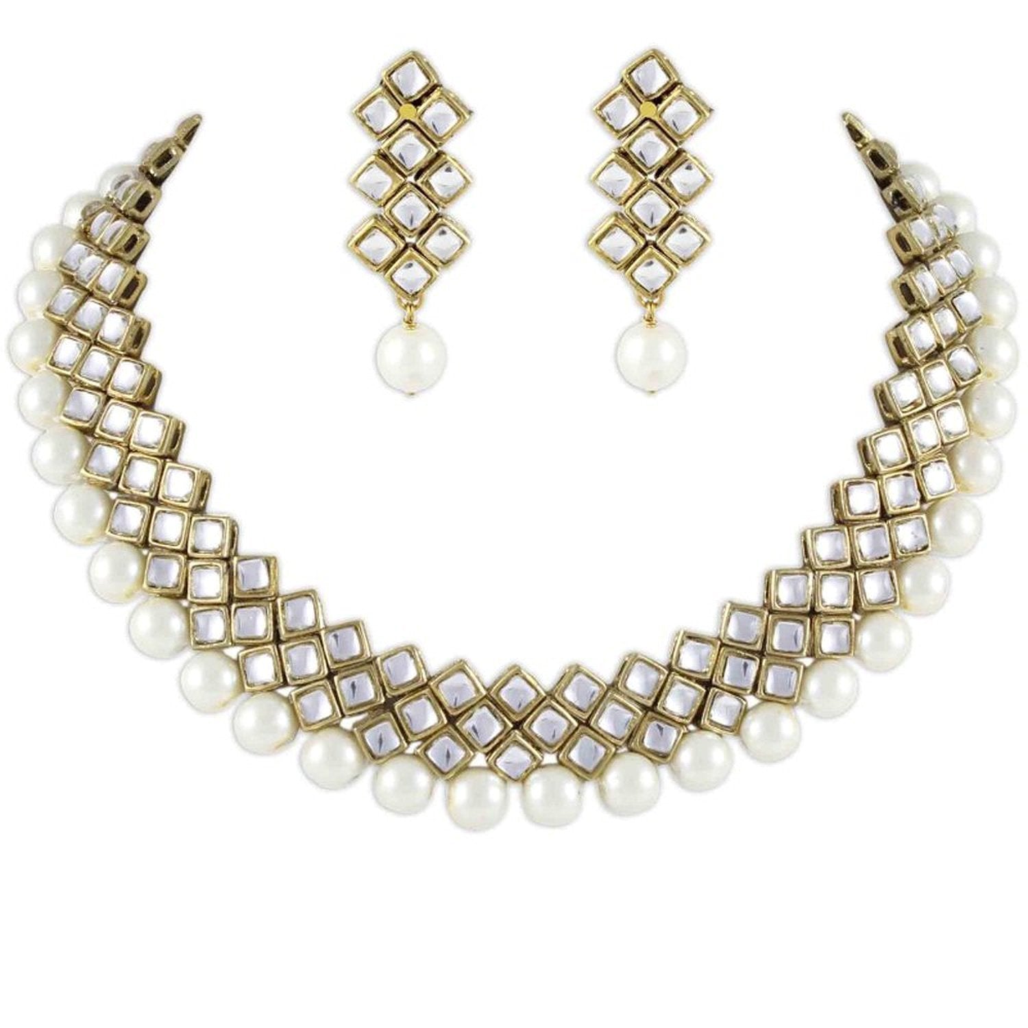 Fashion Pearl Kundan Choker Necklace Set With Earrings For Women White