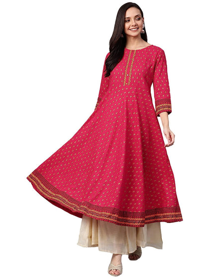 Women's Plus Size Plus Size Cotton Blend Floral Printed Anarkali Kurta for Women 2XL Pink
