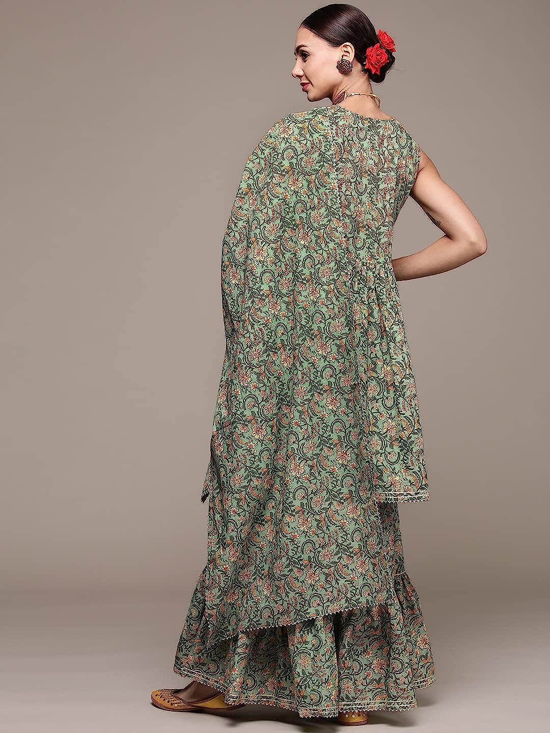 Women's Cotton Green Ethnic Motifs Printed Anarkali Kurta Suit Set with Sharara and Dupatta