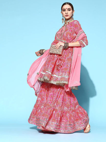 Cotton Anarkali Embroidered Gotta Patti Ladies Kurta suit set With Dupatta & Sharara