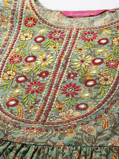 Women's Cotton Green Ethnic Motifs Printed Anarkali Kurta Suit Set with Sharara and Dupatta