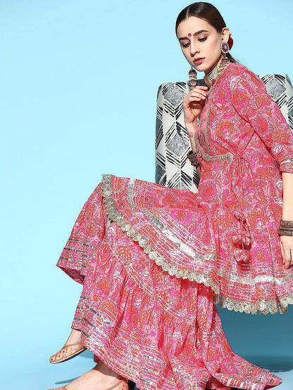 Cotton Anarkali Embroidered Gotta Patti Ladies Kurta suit set With Dupatta & Sharara