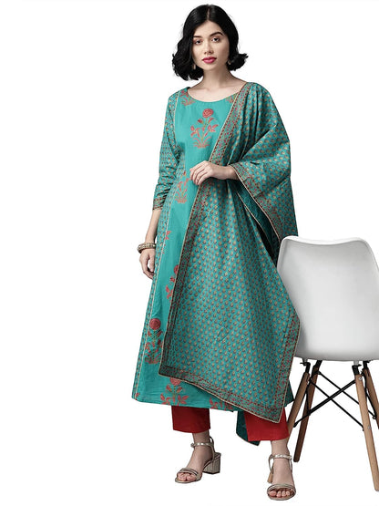 Floral Printed Pure Cotton A-Line Ladies Kurta Trouser With Dupatta Set S Teal Green