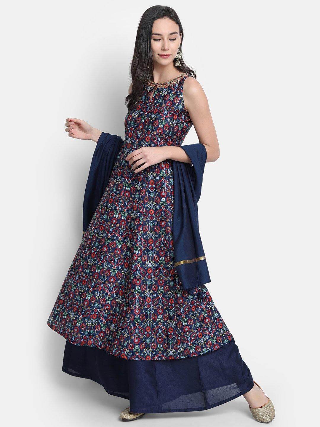 Blue Poly Muslin Embroidered Ladies Kurta with Palazzo and Dupatta