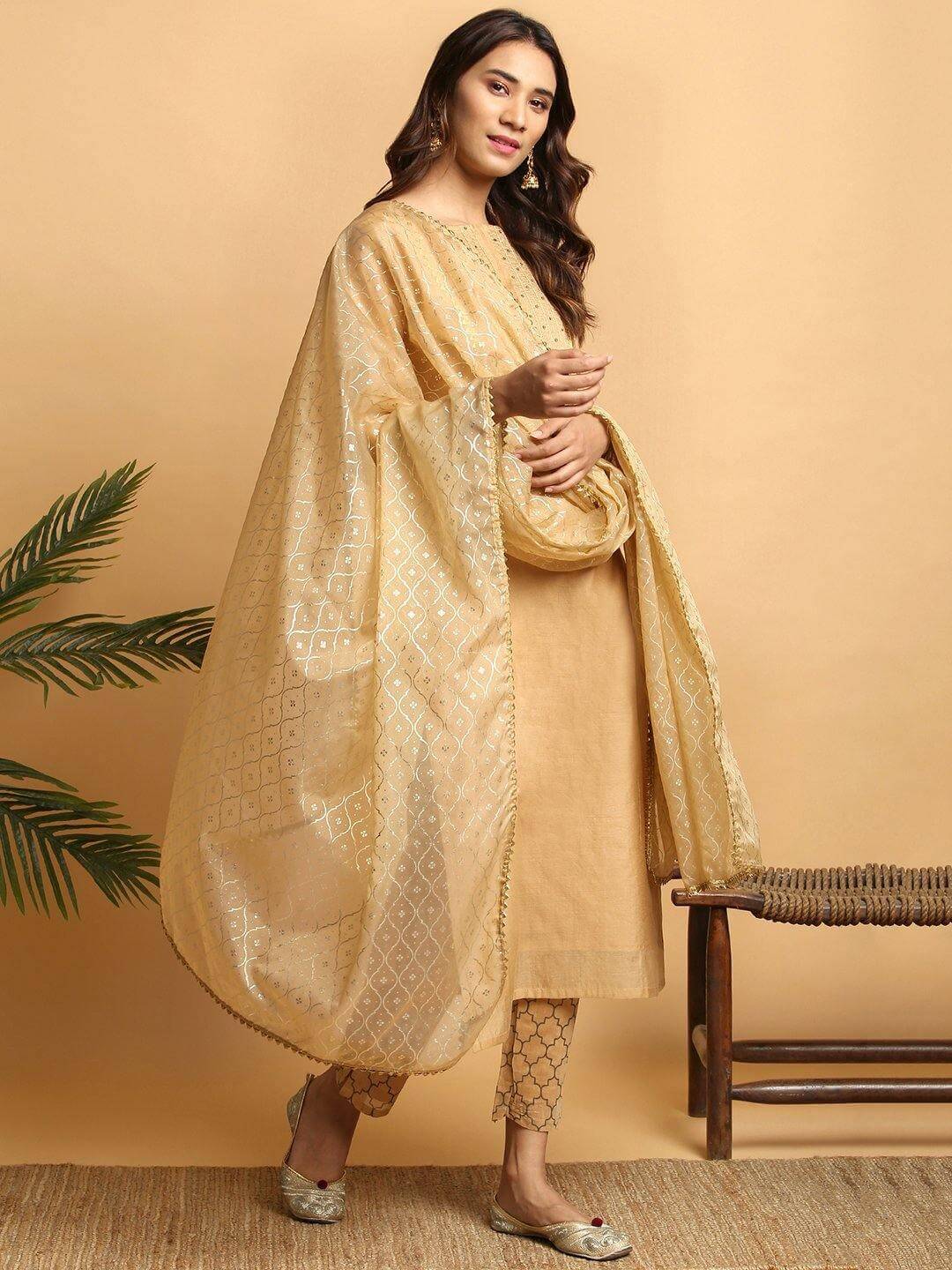 Gold Poly Chanderi Embellished Ladies Kurta with Pant and Dupatta