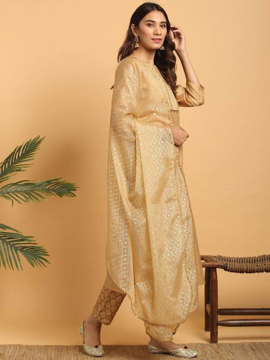 Gold Poly Chanderi Embellished Ladies Kurta with Pant and Dupatta