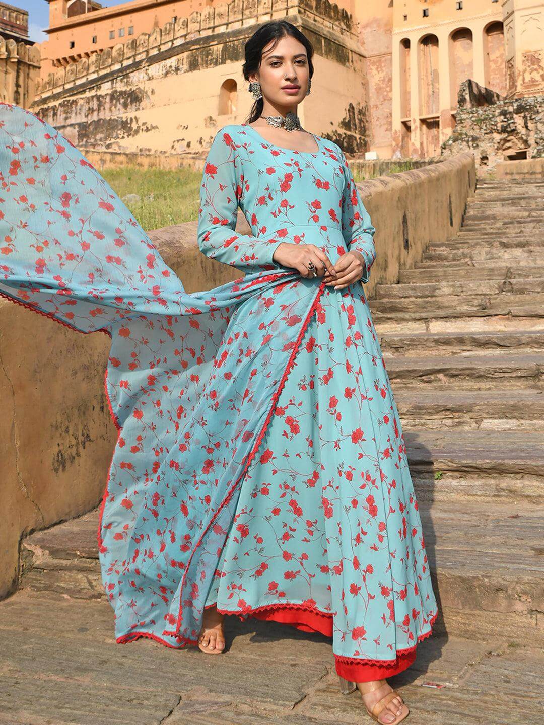 Blue Georgette Floral Print Kurta with Flared Palazzo and Dupatta