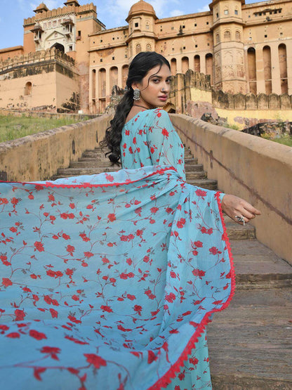 Blue Georgette Floral Print Kurta with Flared Palazzo and Dupatta