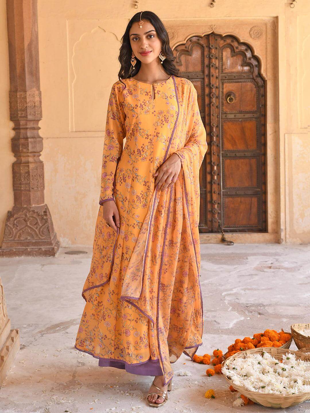 Yellow Georgette Floral Print Kurta with Flared Palazzo and Dupatta