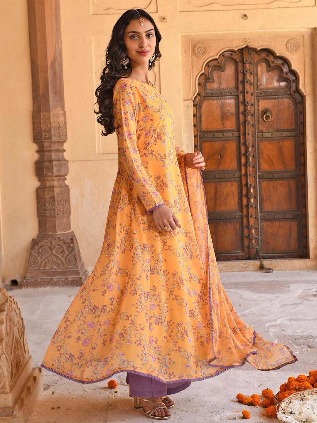 Yellow Georgette Floral Print Kurta with Flared Palazzo and Dupatta