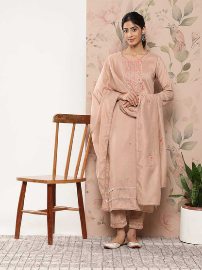 Rose Gold Poly Silk Floral Embroidery Kurta with Pant and Dupatta