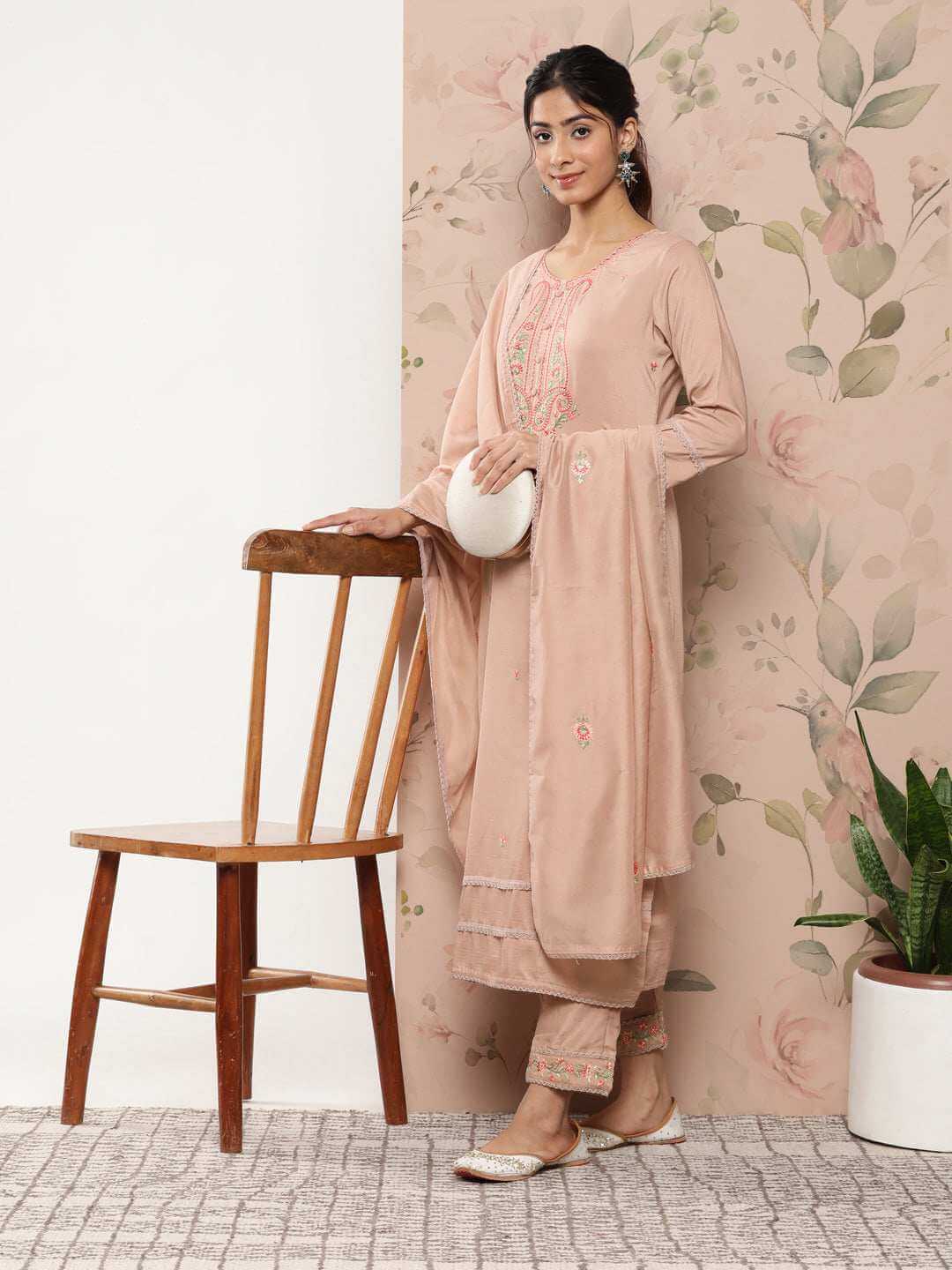 Rose Gold Poly Silk Floral Embroidery Kurta with Pant and Dupatta