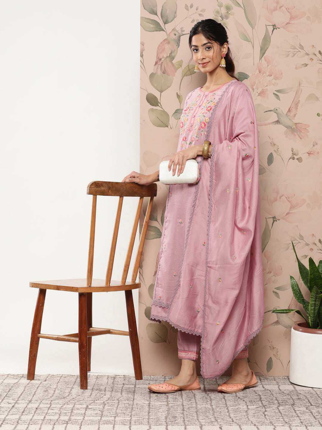 Mauve Poly Silk Floral Embroidery Kurta with Pant and Dupatta