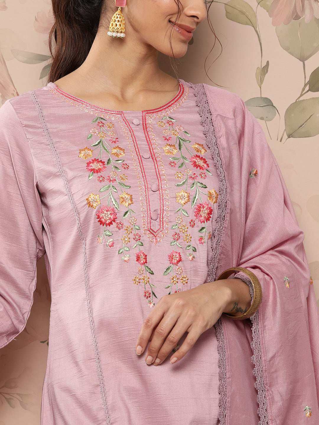 Mauve Poly Silk Floral Embroidery Kurta with Pant and Dupatta