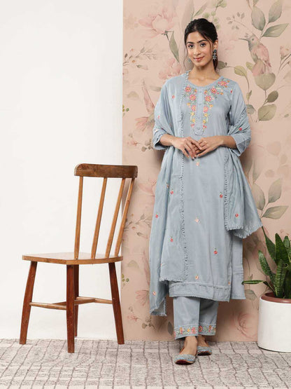 Mint Blue Poly Silk Floral Embroidery Kurta with Pant and Dupatta