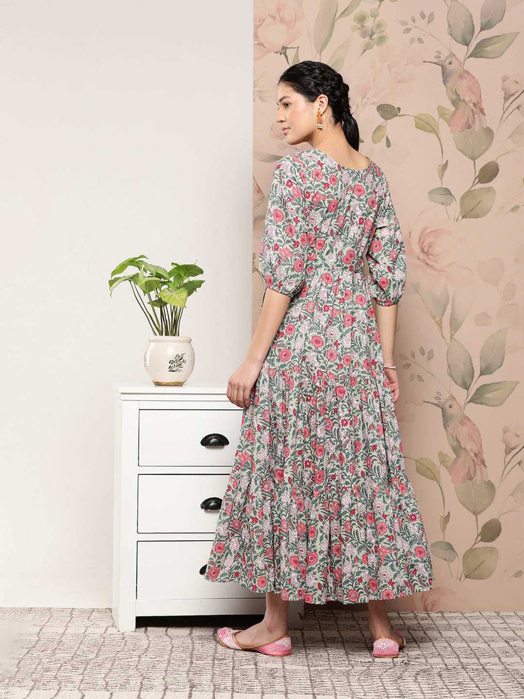 Pastel Green Cotton Floral Print Tiered Western Dress