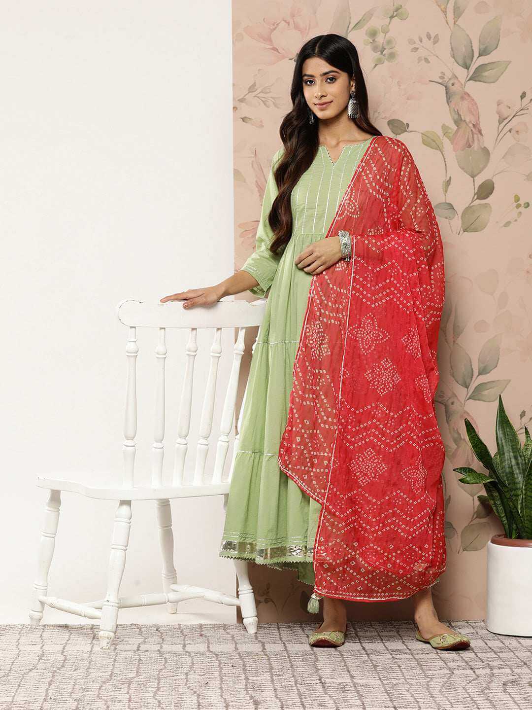 Sea green Cotton Solid Kurta with Pant and Dupatta