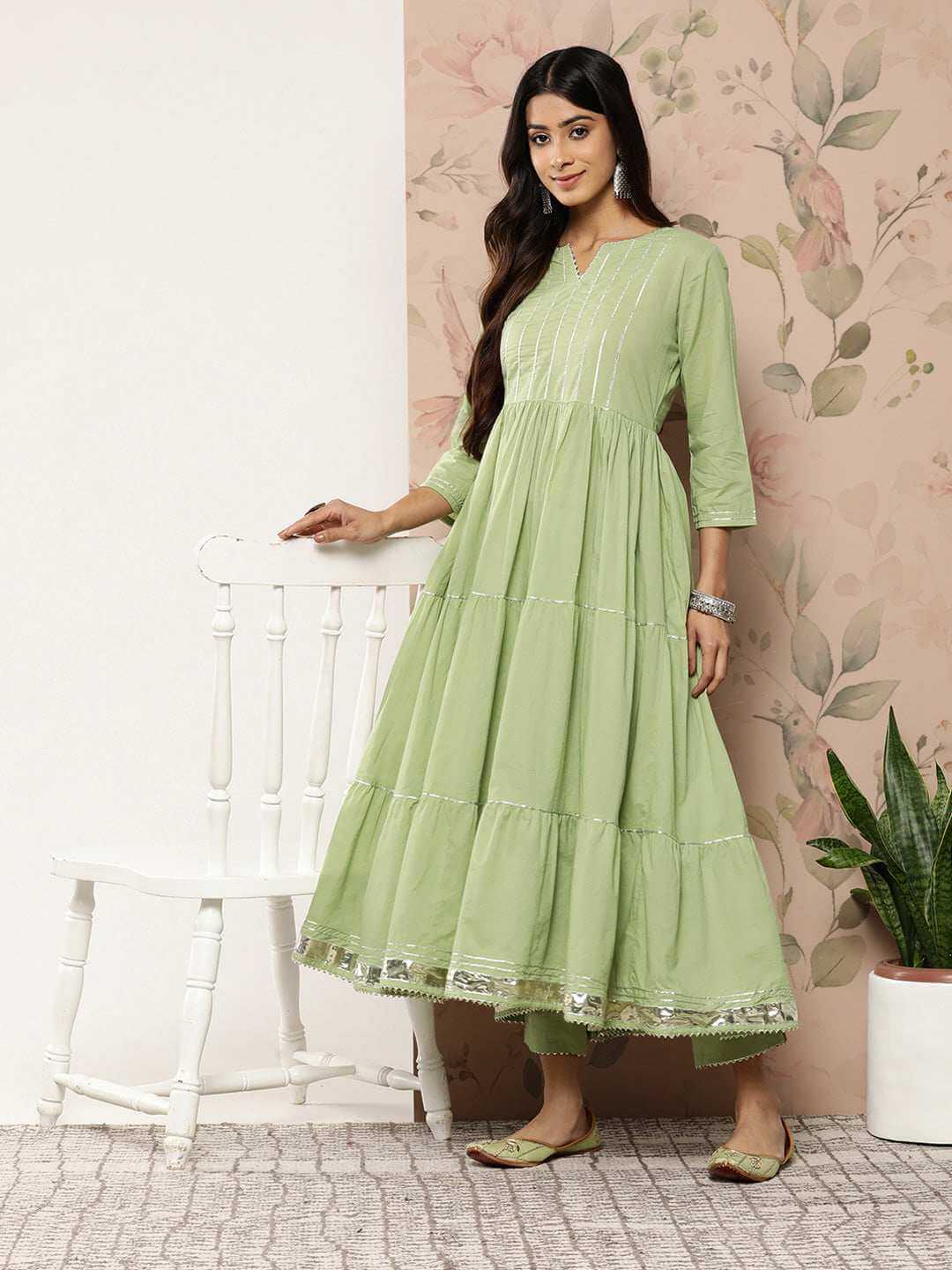 Sea green Cotton Solid Kurta with Pant and Dupatta
